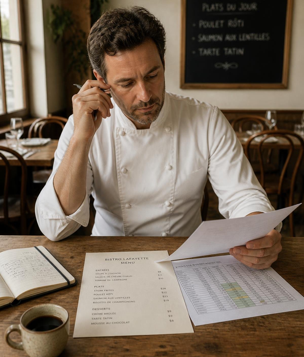 Chef consultant analizând meniul și structura de food cost într-un bistro